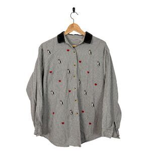 VTG 90s Oversized Valentine's Penguin Heart Collared Pinstripe Button Down Shirt